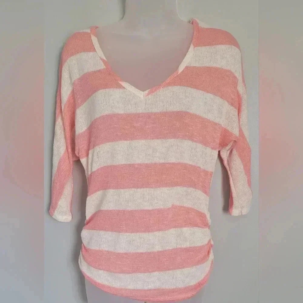 NWOT Teenbell knit top 3/4 drop sleeve v-neck peach & ivory stripes womens med.
